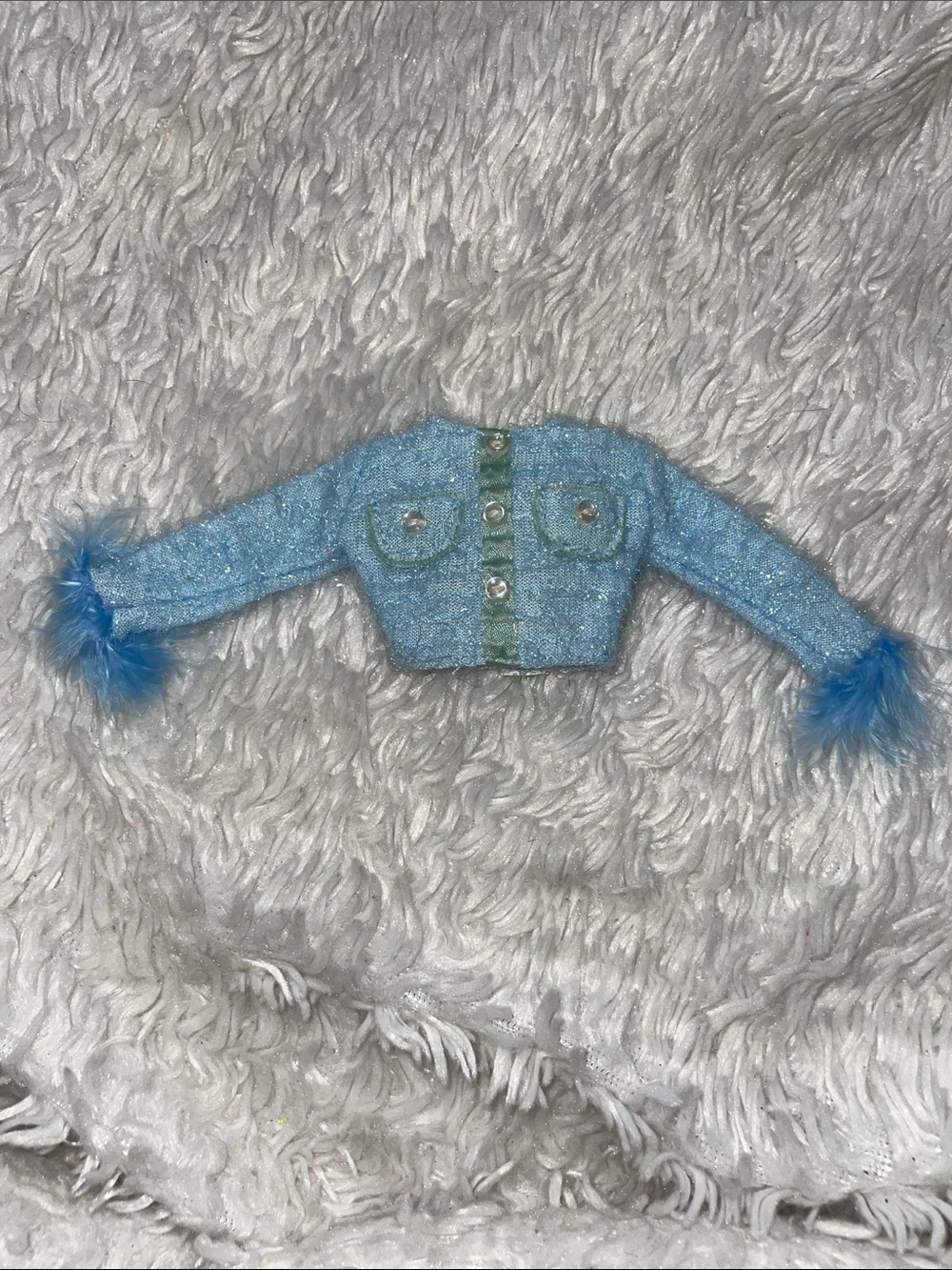 Barbie Teresa Glam Sparkle Light Blue Fuzzy Cuff Sleeve Top